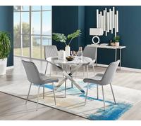 Furniturebox Novara White Marble Effect 100Cm Round Dining Table With Chrome Starburst Legs & 4 Grey Velvet Pesaro Chairs