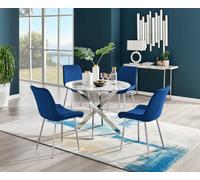 Furniturebox Novara White Marble Effect 100Cm Round Dining Table With Chrome Starburst Legs & 4 Navy Velvet Pesaro Chairs