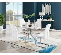 Furniturebox Novara White Marble Effect 100Cm Round Dining Table With Chrome Starburst Legs & 4 White Faux Leather Lorenzo Chairs