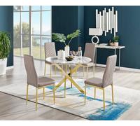 Furniturebox Novara White Marble Effect 100Cm Round Dining Table With Gold Starburst Legs & 4 Beige Milan Faux Leather Chairs