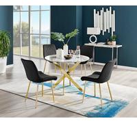 Furniturebox Novara White Marble Effect 100Cm Round Dining Table With Gold Starburst Legs & 4 Black Velvet Pesaro Chairs