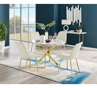 Furniturebox Novara White Marble Effect 100Cm Round Dining Table With Gold Starburst Legs & 4 Cream Velvet Pesaro Chairs