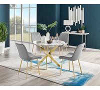 Furniturebox Novara White Marble Effect 100Cm Round Dining Table With Gold Starburst Legs & 4 Grey Velvet Pesaro Chairs
