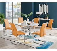 Furniturebox Novara White Marble Effect 120Cm Round Dining Table With Chrome Legs & 6 Mustard Faux Leather Lorenzo Chairs