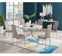 Furniturebox Novara White Marble Effect 120Cm Round Dining Table With Chrome Starburst Legs & 6 Beige Faux Leather Milan Chairs