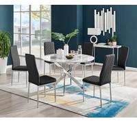 Furniturebox Novara White Marble Effect 120Cm Round Dining Table With Chrome Starburst Legs & 6 Black Faux Leather Milan Chairs