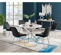 Furniturebox Novara White Marble Effect 120Cm Round Dining Table With Chrome Starburst Legs & 6 Black Velvet Pesaro Chairs