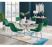 Furniturebox Novara White Marble Effect 120Cm Round Dining Table With Chrome Starburst Legs & 6 Green Velvet Pesaro Chairs