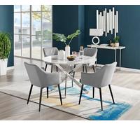 Furniturebox Novara White Marble Effect 120Cm Round Dining Table With Chrome Starburst Legs & 6 Grey Faux Leather Lorenzo Chairs