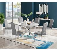 Furniturebox Novara White Marble Effect 120Cm Round Dining Table With Chrome Starburst Legs & 6 Grey Faux Leather Milan Chairs