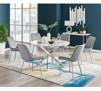 Novara White Marble Effect 120cm Dining Table 6 Pesaro Silver Chairs - Grey