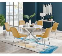 Furniturebox Novara White Marble Effect 120Cm Round Dining Table With Chrome Starburst Legs & 6 Mustard Velvet Pesaro Chairs