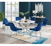 Furniturebox Novara White Marble Effect 120Cm Round Dining Table With Chrome Starburst Legs & 6 Navy Velvet Pesaro Chairs