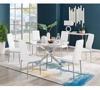 Furniturebox Novara White Marble Effect 120Cm Round Dining Table With Chrome Starburst Legs & 6 White Faux Leather Milan Chairs