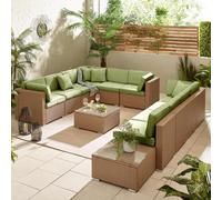 Furniturebox Orlando Green, Beige Rattan Garden Sofa Modular Outdoor Patio Couch Seating, Table & 10 Chairs Garden Corner Sofa Set