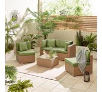 Furniturebox Orlando Green, Beige Rattan Garden Sofa Modular Outdoor Patio Couch Seating, Table & 4 Chairs Garden Corner Sofa Set