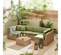 Furniturebox Orlando Green, Beige Rattan Garden Sofa Modular Outdoor Patio Couch Seating, Table & 6 Chairs Garden Corner Sofa Set