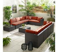 Furniturebox Orlando Orange Brown Rattan Garden Sofa Modular Outdoor Patio Couch Seating, Table & 10 Chairs Garden Corner Sofa Set