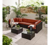 Furniturebox Orlando Orange, Brown Rattan Garden Sofa Modular Outdoor Patio Couch Seating, Table & 6 Chairs Garden Corner Sofa Set