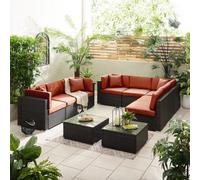 Furniturebox Orlando Orange, Brown Rattan Garden Sofa Modular Outdoor Patio Couch Seating, Table & 8 Chairs Garden Corner Sofa Set