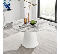 Furniturebox Palma 120Cm Round White Marble Effect Dining Table With Pedestal Pillar Base In Semi-Matte For Modern Dining Room