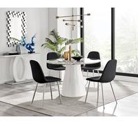 Furniturebox Palma White Marble Effect Round 4-6 Seater Pedestal Dining Table & 4 Black Corona Faux Leather Silver Leg Chairs