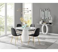 Furniturebox Palma White Marble Effect Round 4-6 Seater Pedestal Dining Table & 4 Black Corona Faux Leather Gold Leg Chairs