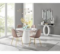 Furniturebox Palma White Marble Effect Round 4-6 Seater Pedestal Dining Table & 4 Cappuccino Corona Faux Leather Gold Leg Chairs