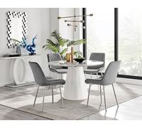 Furniturebox Palma White Marble Effect Round 4-6 Seater Pedestal Dining Table & 4 Elephant Grey Velvet Pesaro Silver Leg Chairs