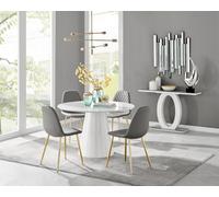 Furniturebox Palma White Marble Effect Round 4-6 Seater Pedestal Dining Table & 4 Grey Corona Faux Leather Gold Leg Chairs