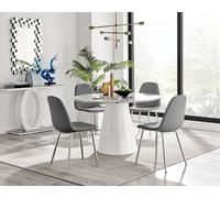 Furniturebox Palma White Marble Effect Round 4-6 Seater Pedestal Dining Table & 4 Grey Corona Faux Leather Silver Leg Chairs