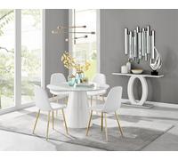 Furniturebox Palma White Marble Effect Round 4-6 Seater Pedestal Dining Table & 4 White Corona Faux Leather Gold Leg Chairs