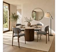 Furniturebox Penrose Round Walnut & Marble Effect Slatted 4-6 Seater Dining Table And Chairs, Round Dining Table And Chairs Set