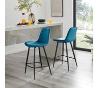 Furniturebox Pesaro 2X Blue Velvet Black Legs Bar Stools - Breakfast Bar Stools - Kitchen Bar Stools - Bar Chairs