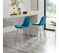 Furniturebox Pesaro 2X Blue Velvet Silver Legs Bar Stools - Breakfast Bar Stools - Kitchen Bar Stools - Bar Chairs