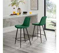 Furniturebox Pesaro 2X Green Velvet Black Legs Bar Stools - Breakfast Bar Stools - Kitchen Bar Stools - Bar Chairs