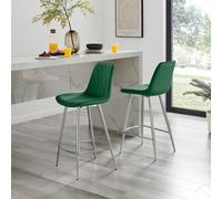Furniturebox Pesaro 2X Green Velvet Silver Legs Bar Stools - Breakfast Bar Stools - Kitchen Bar Stools - Bar Chairs