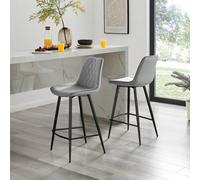 Furniturebox Pesaro 2X Grey Velvet Black Legs Bar Stools - Breakfast Bar Stools - Kitchen Bar Stools - Bar Chairs