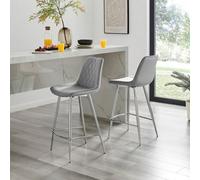 Furniturebox Pesaro 2X Grey Velvet Silver Legs Bar Stools - Breakfast Bar Stools - Kitchen Bar Stools - Bar Chairs