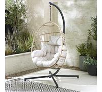 Furniturebox Rattan Hanging Egg Chair - Beige & Cream Cushions - Swing Seat, Free Cover, 82x110cm - Egg Collection