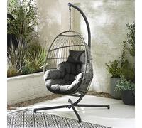 Furniturebox Rattan Hanging Egg Chair - Grey & Grey Cushions - Swing Seat, Free Cover, 82x110cm - Egg Collection