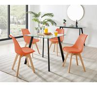 Furniturebox Seattle Scandi Inspired Glass And Black Leg Square Dining Table & 4 Orange Cushioned Stockholm Beech Wood Leg Chairs