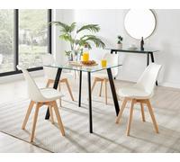 Furniturebox Seattle Scandi Inspired Glass And Black Leg Square Dining Table & 4 White Cushioned Stockholm Beech Wood Leg Chairs