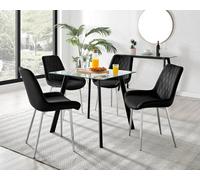 Furniturebox Seattle Scandi Inspired Glass And Black Metal Leg Square Dining Table & 4 Black Pesaro Velvet Silver Leg Chairs