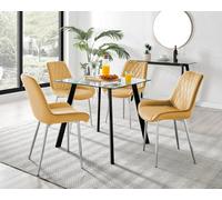 Furniturebox Seattle Scandi Inspired Glass And Black Metal Leg Square Dining Table & 4 Mustard Pesaro Velvet Silver Leg Chairs