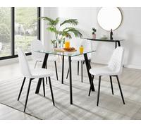 Furniturebox Seattle Scandi Inspired Glass And Black Metal Leg Square Dining Table & 4 White Corona Faux Leather Black Leg Chairs