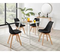 Furniturebox Seattle Scandi Inspired Glass And White Leg Square Dining Table & 4 Black Cushioned Stockholm Beech Wood Leg Chairs
