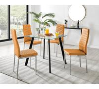 Furniturebox Seattle Scandi Inspired Glass & Black Metal Leg Square Dining Table & 4 Mustard Milan Faux Leather Silver Leg Chairs