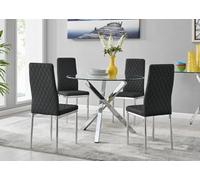 Furniturebox Selina Chrome Round Square Leg Glass Dining Table And 4 Black Milan Chairs Set