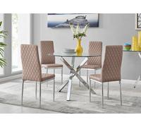 Furniturebox Selina Chrome Round Square Leg Glass Dining Table And 4 Cappuccino Beige Milan Chairs Set